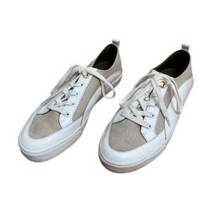 LOUISE ET CIE Low Top Bender White Leather Beige Fabric Lace Up Sneakers Sz 9.5